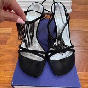 Stuart Weitzman Black Beaded Fringe Strappy Heels